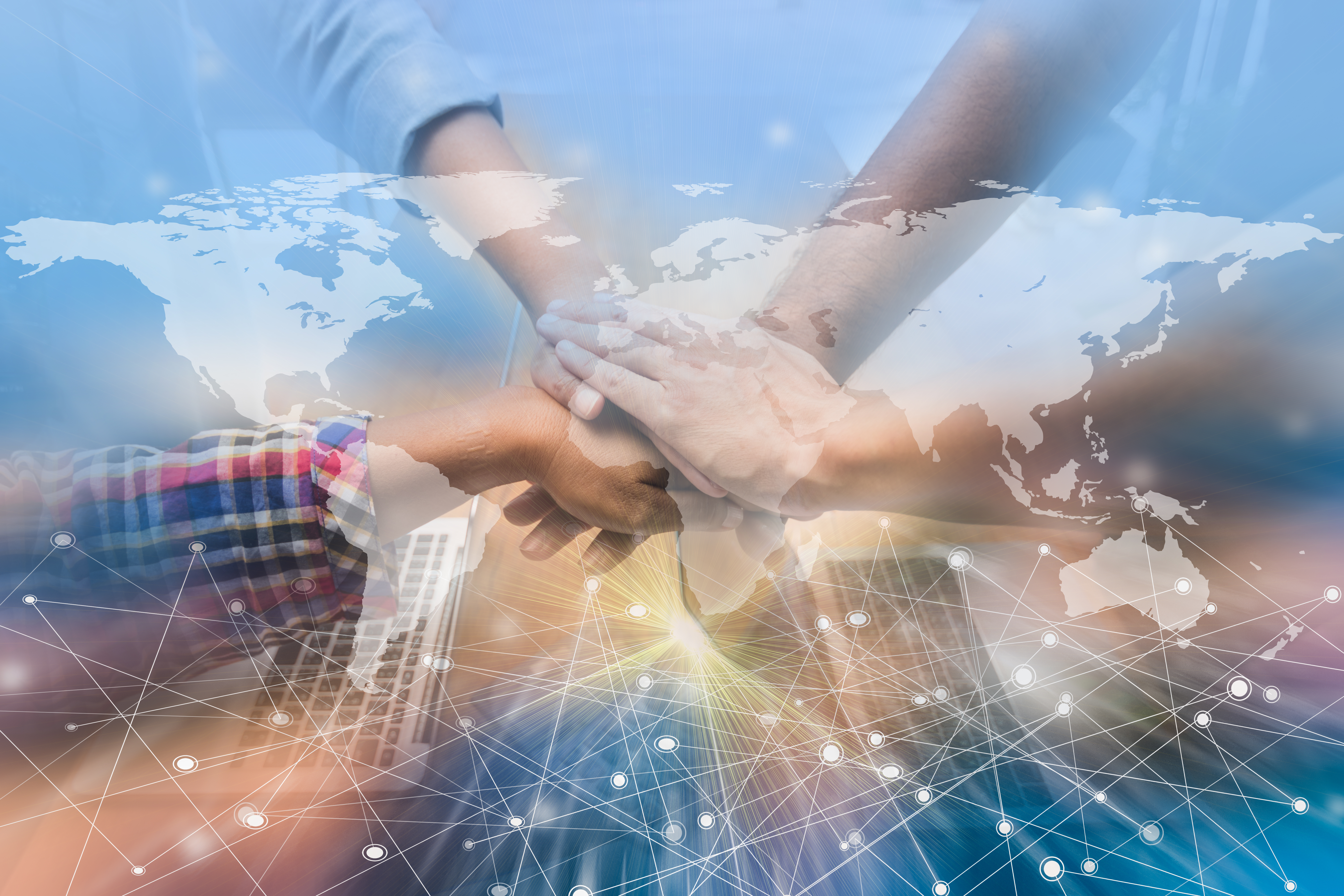 double exposure people stacking hands connecting dots world map